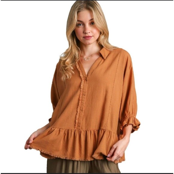 Umgee Tops - UMGEE Linen Blend Tiered Tunic Baby Doll Shirt MEDIUM Oversized‎